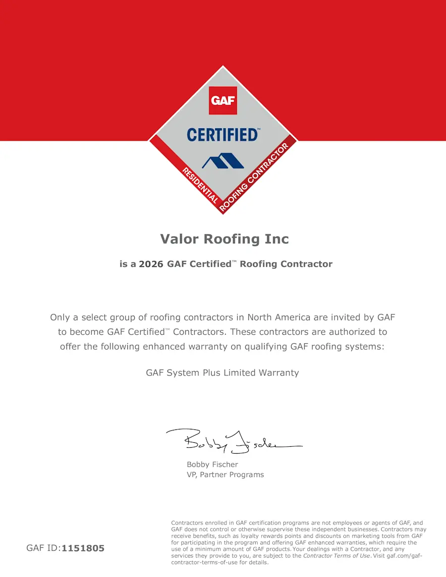 Valor Roofing is a Certified GAF Residential Roofing Contractor